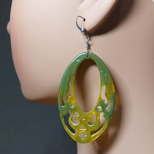 Vintage Carved Lucite Ombre Green Statement Dangle Earrings